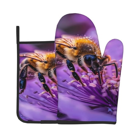 

Zeuib Closeup Honeybee on Flower Print Oven Mitt & Pot Holder Set 2-Pack Kitchen Gloves and Hot Pads for Cooking BBQ Grilling Baking