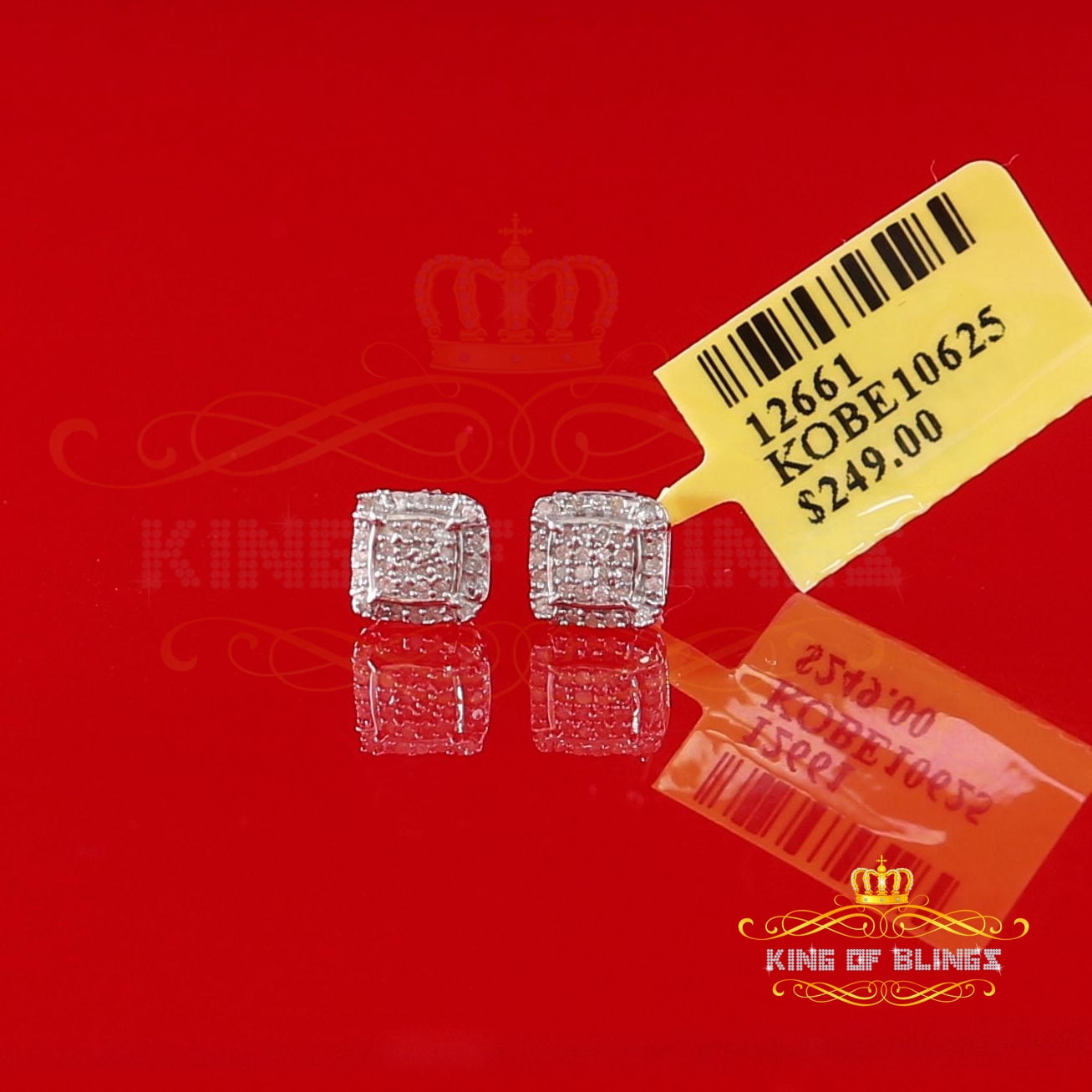 King of Bling's 0.15ct Diamond 925 Sterling Silver White Square Earring For Men's / Women's