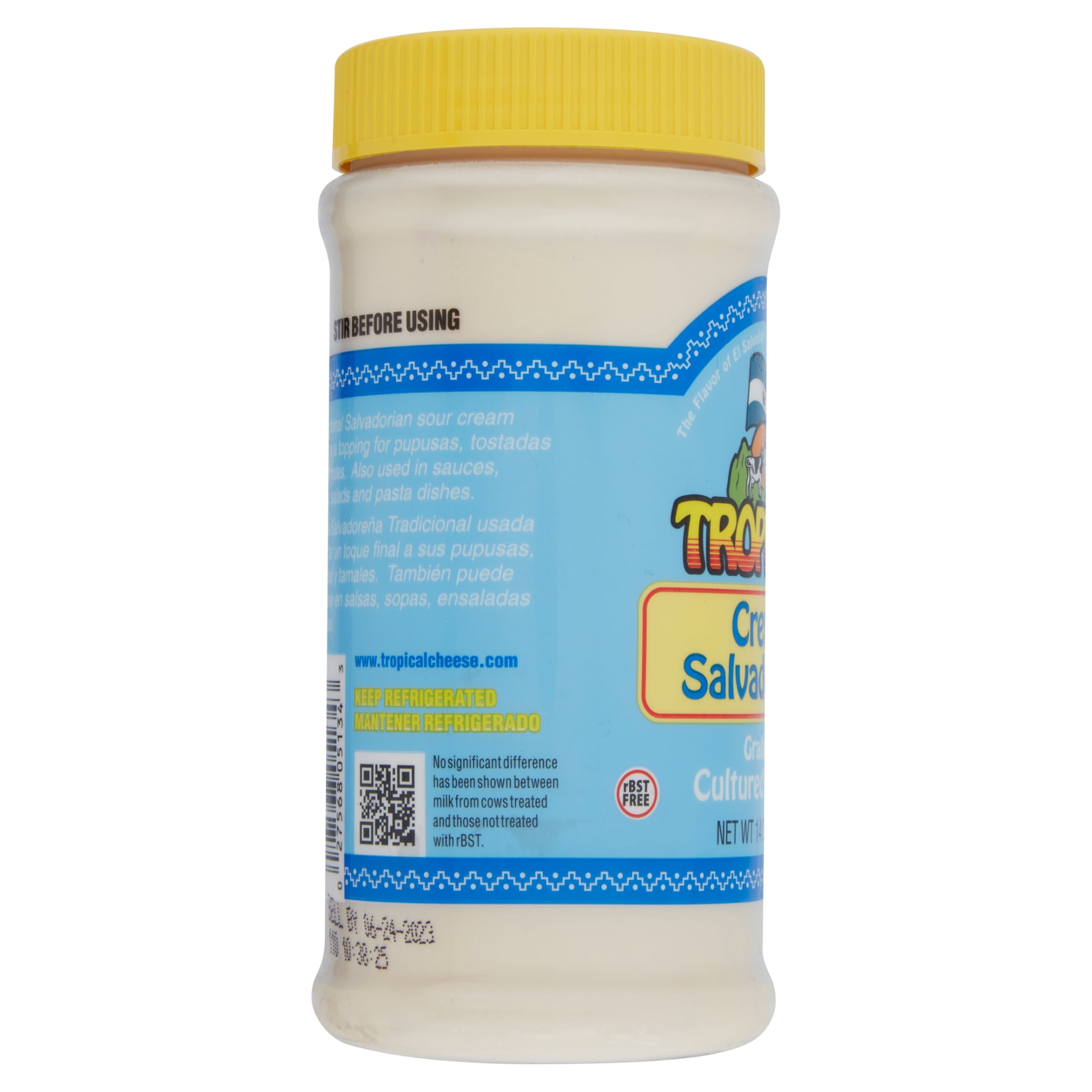 Tropical Crema Salvadorena Salvadoran Style Mild Sour Cream, Grade A Cultured, 14oz Resealable Jar, Contains Milk