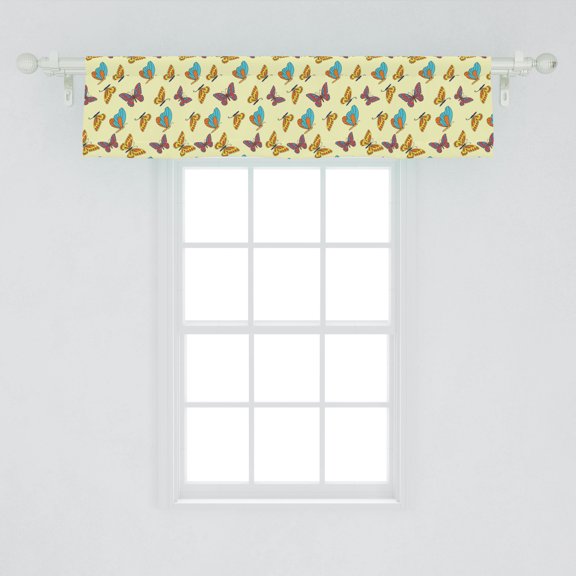 Entomology Window Valance, Ornamental Flies with Colorful Shapes on Wings, Curtain Valance for Kitchen Bedroom Decor with Rod Pocket, 54" X 12", Cream Multicolor, by Ambesonne