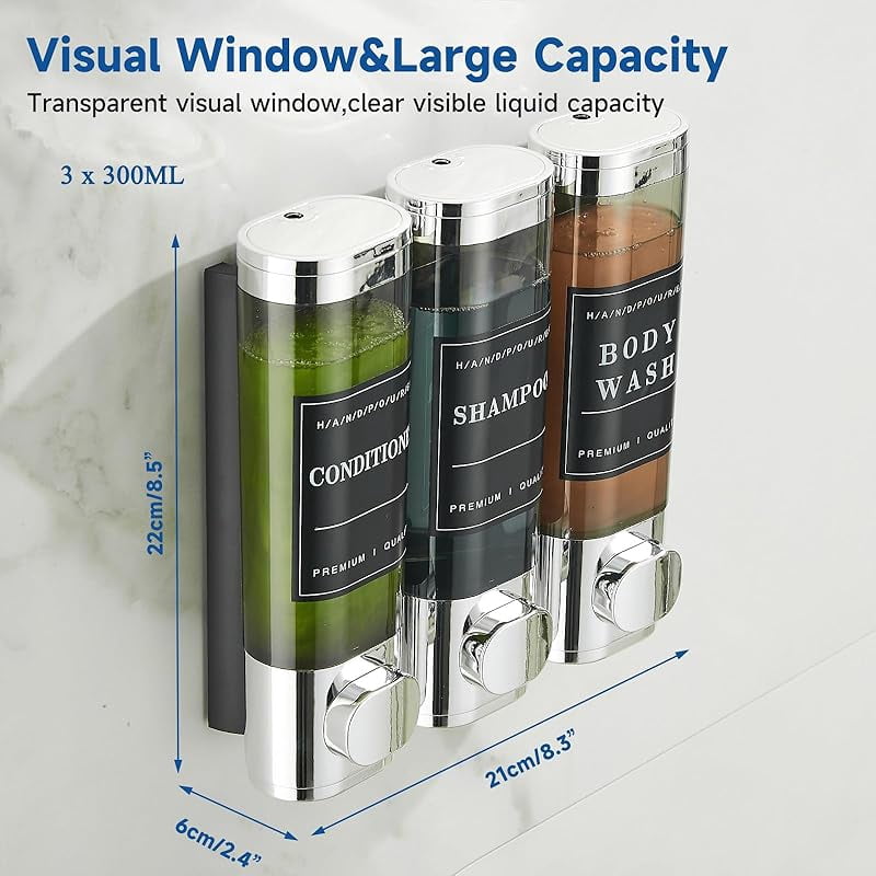Carmujin 3 Chamber Shower Soap Dispenser, No Drill Wall Mounted Bathroom Organizer