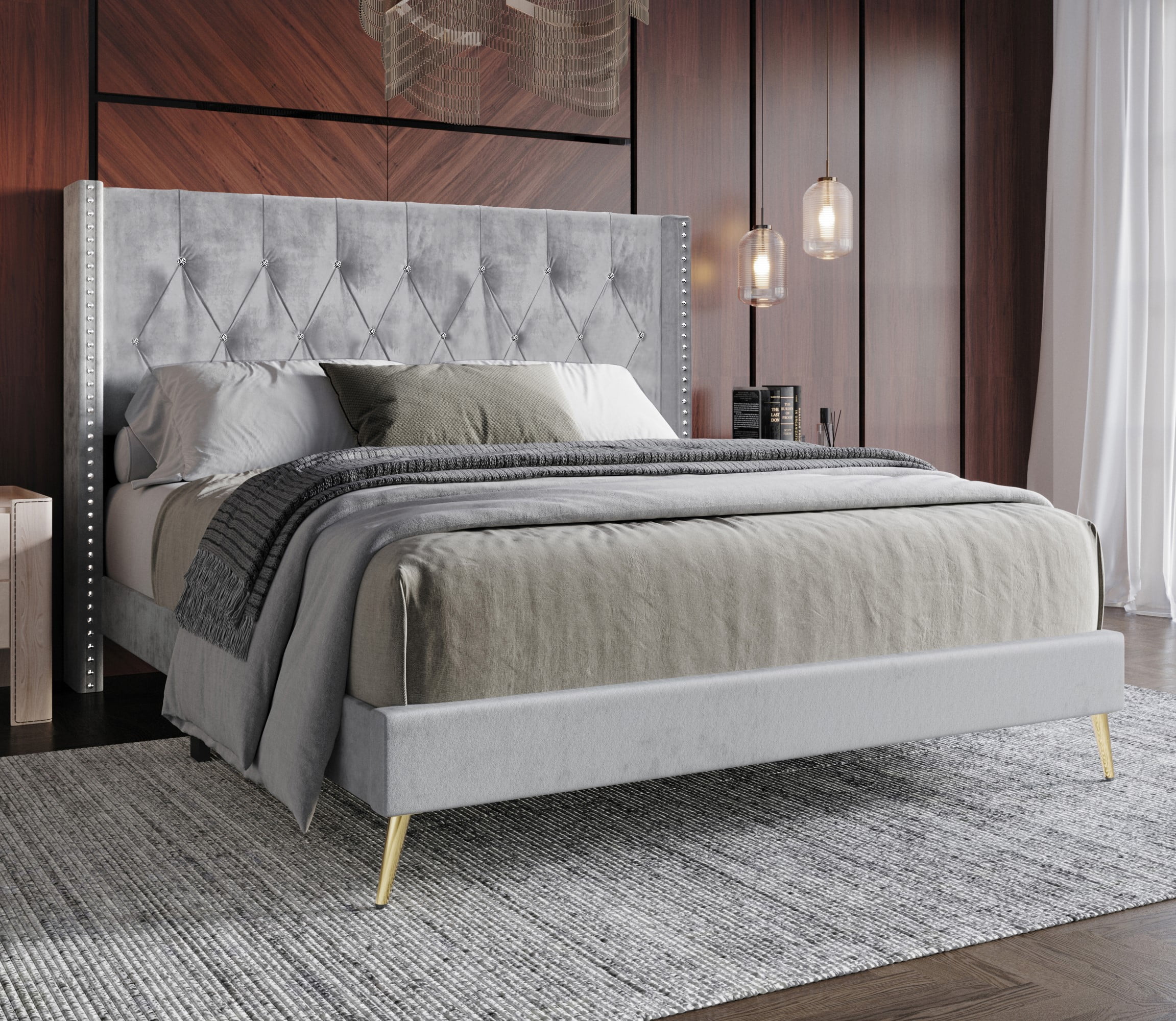 Home Design Homer Twin Diamond Tufted and Nailhead Trim Velvet Wingback Platform Bed Frame for Adult, Silver Gray, Easy Assembly