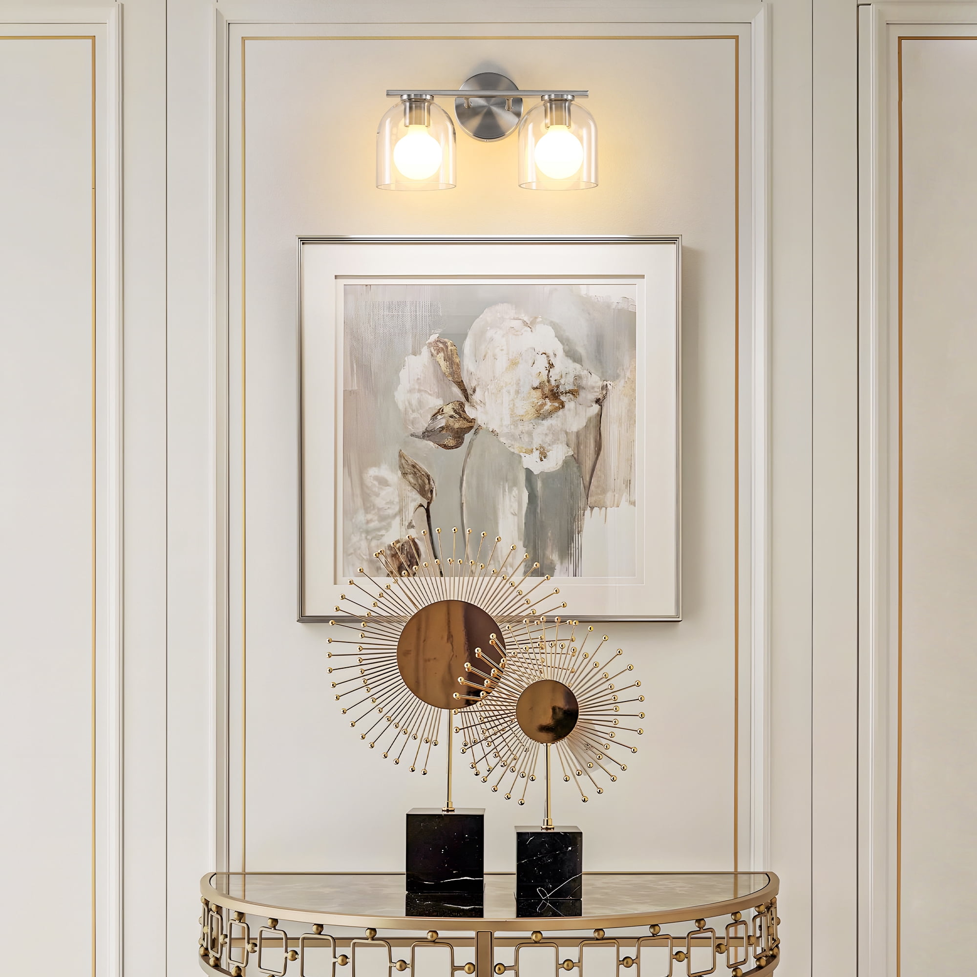 Modern Bathroom Light Fixtures, 2 Light Vanity Lights Over Mirror, Brushed Nickel Wall Lamp with Clear Glass Shade for Living Room Cabinet Bedroom Porch