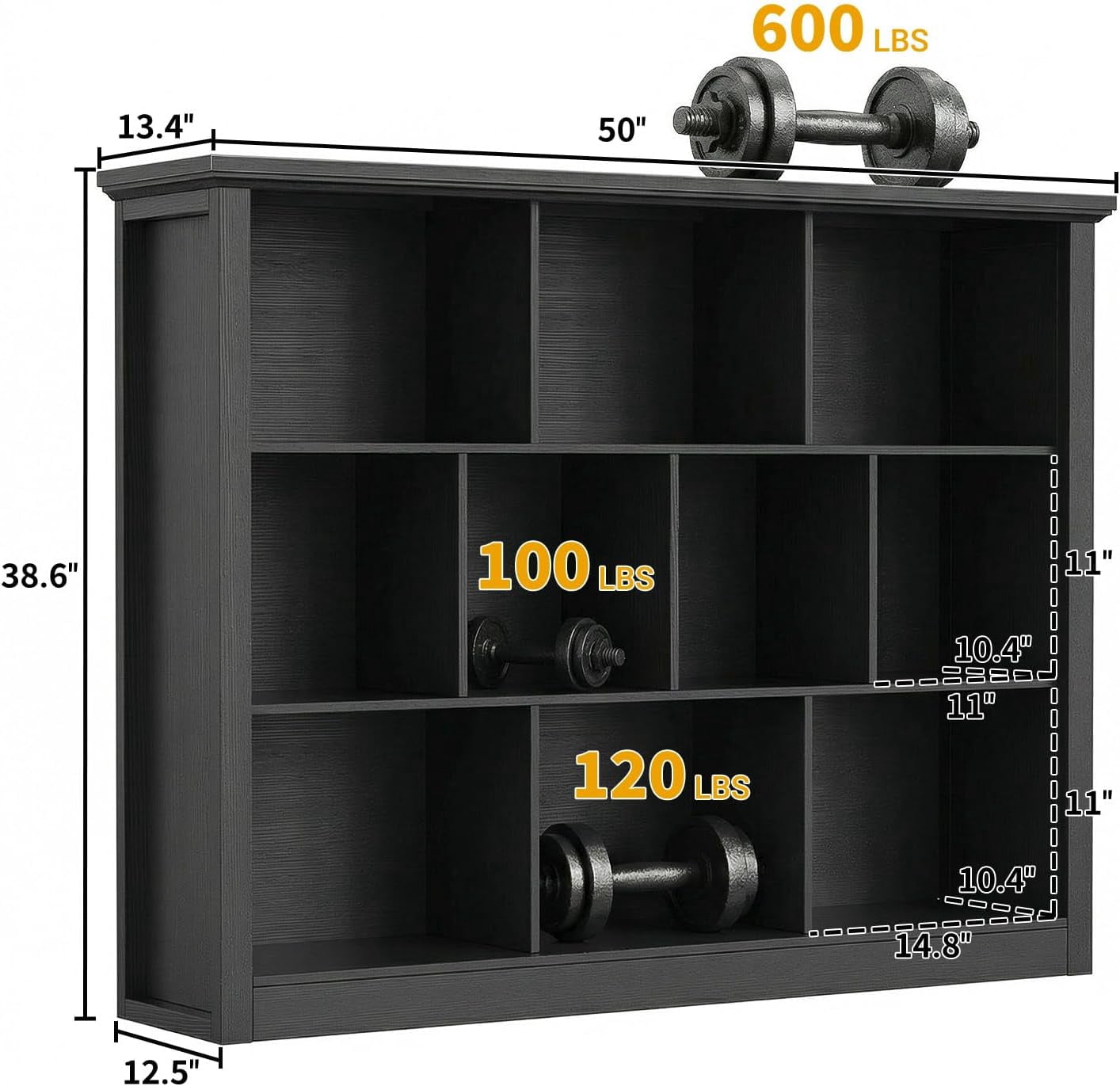 Homieasy 50" Wood Cube Storage Organizer, 10 Cube Storage Book Shelf, Wooden 3 Tiers Floor Standing Low Bookcase for Living Room, Bedroom, Home Office, Kids Room, Black
