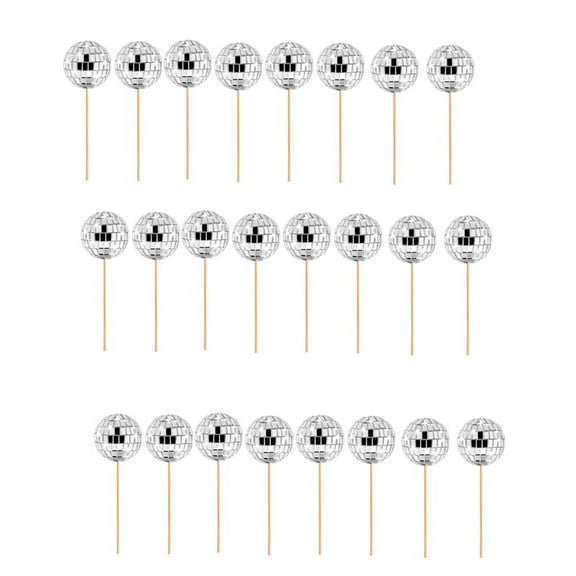 24 PCS Disco Ball Cupcake Toppers Picks Reflective Mirror Cake Decorations Silver