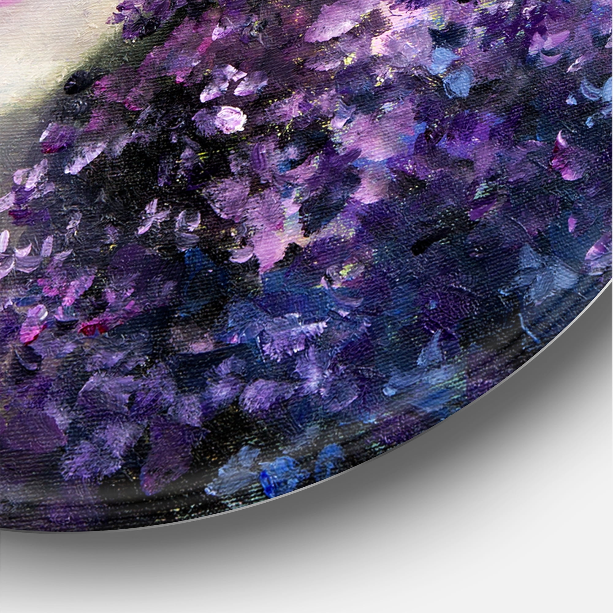 Designart 'Portrait of A Lady With Purple Lavender Flowers' Modern Circle Metal Wall Art 11x11 - Disc of 11