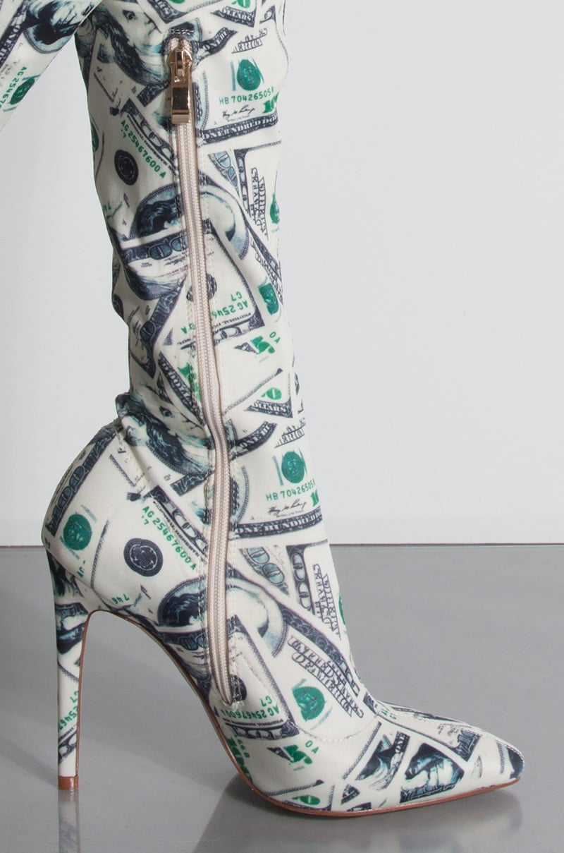 money print thigh high boots