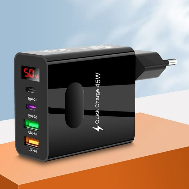 Cargador rápido de 45 W 2 Tipo-C Adaptador de carga de teléfono de 4 puertos para iPhone (UE negro)
