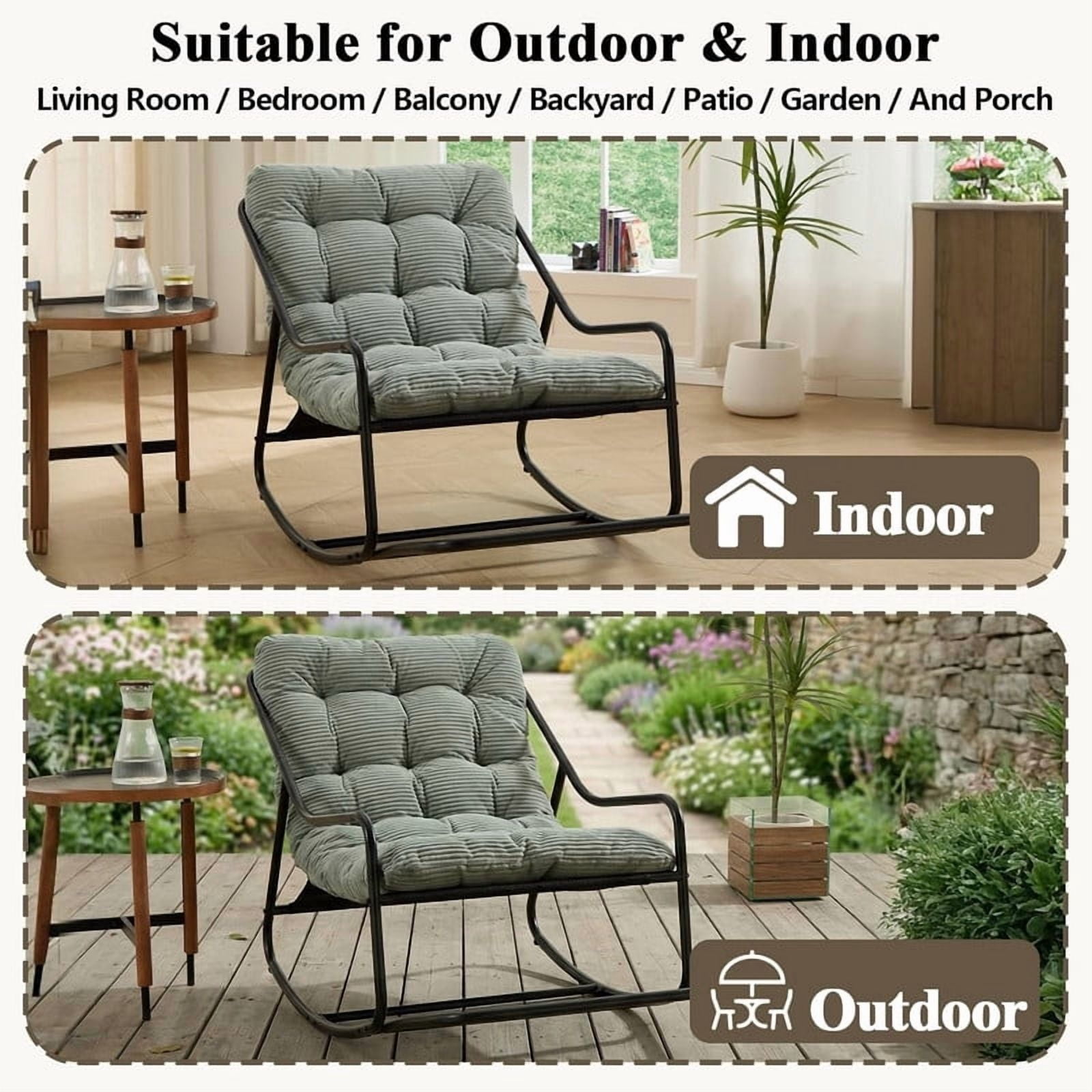 Outdoor Rocking Chair, Papasan Rocking Chair with Metal Frame, Comfy Rocker Lounge Chair for Living Room Porch Patio Garden