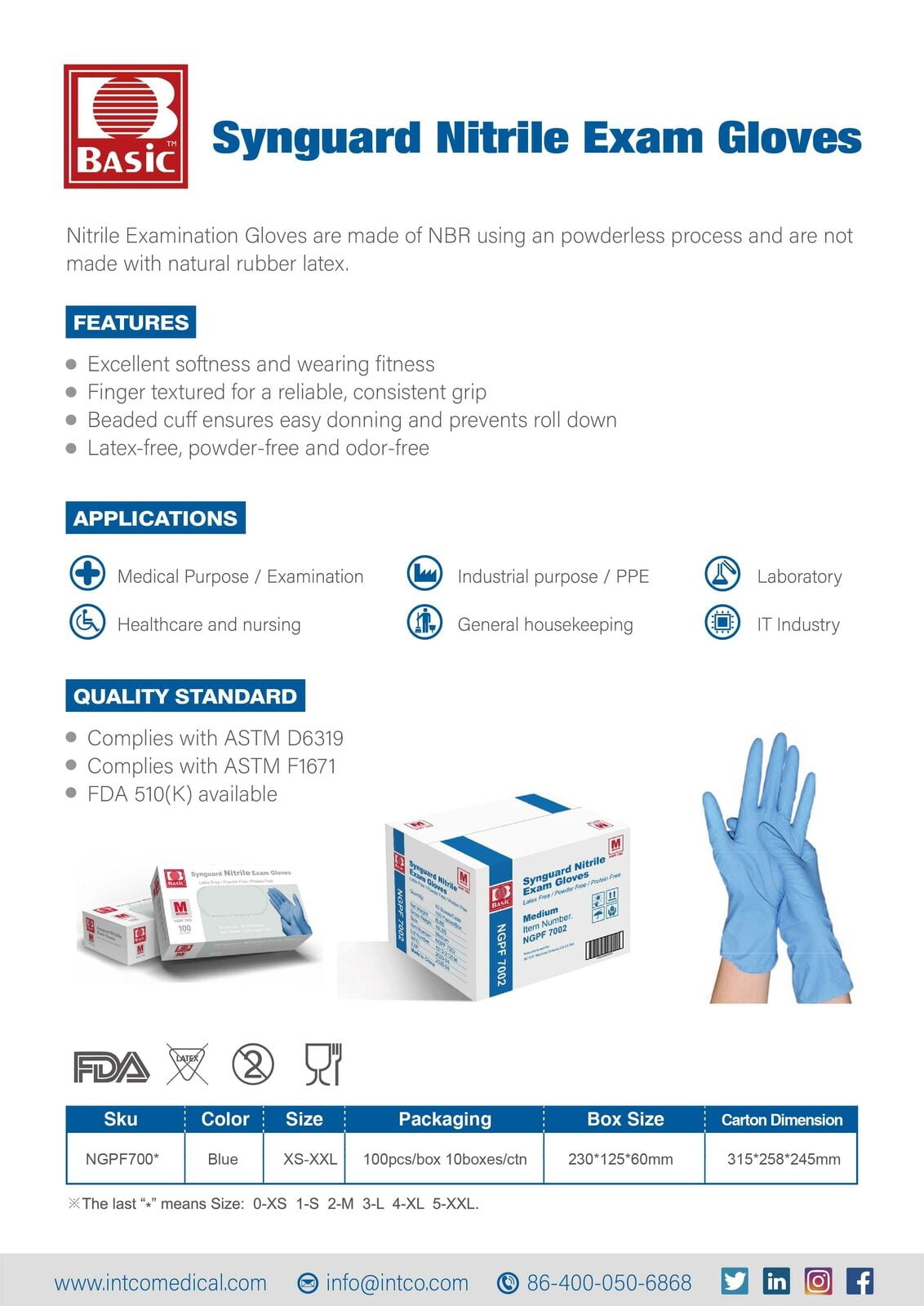 1000pcs Basic Medical Clear Nitrile Exam Gloves - Latex-Free & Powder-Free , Large Size, 10 Boxes