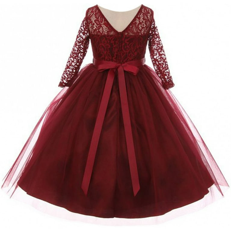 Big Girls Dress Lace Top Rhinestones Tulle Holiday Christmas Party Flower Girl Dress Burgundy Size 14 M37BK2