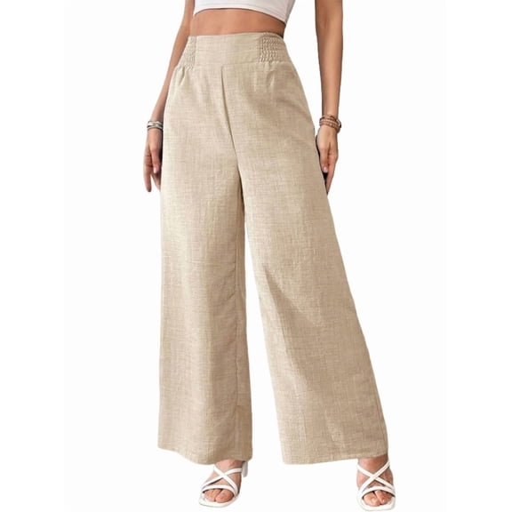 Women Linen Palazzo Pants Summer Boho Wide Leg High Waist Casual Lounge Pant Travel Vacation Outfits S