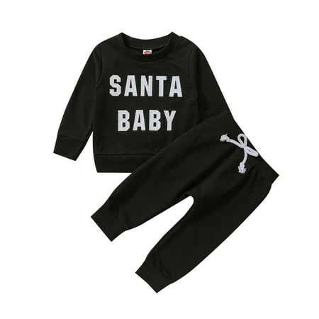 

TIREOW Breathable Kids Outfits Toddler Boys Girls Christmas 2PCS Winter Santa Baby Letter Prints Long Sleeve Tops Pants Outfits Clothes Set Comfortable Fashion Clothing(18-24 Months Black)