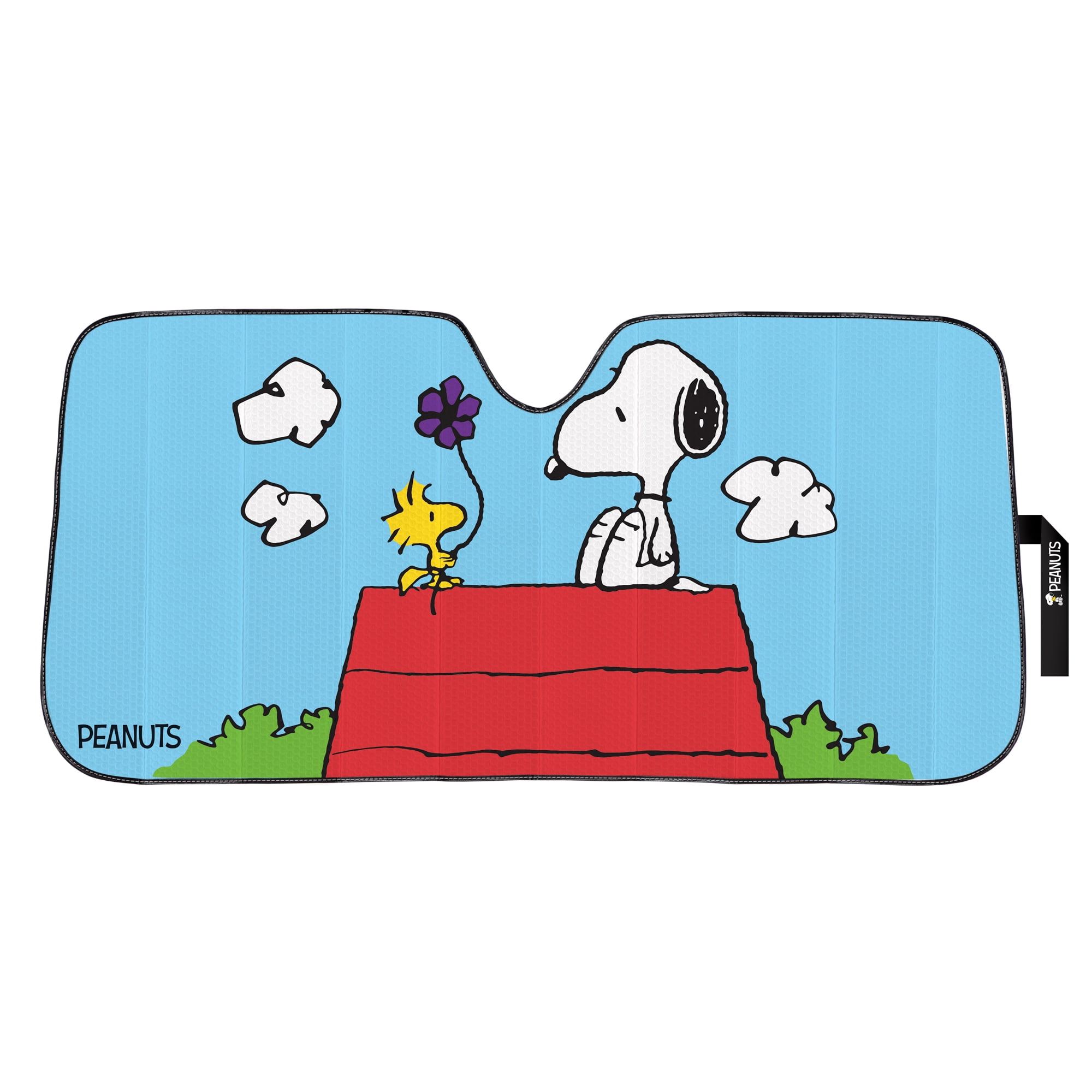 Snoopy Car Windshield Sunshade + Snoopy Keychain + Little Trees Black Ice Air Freshener – Cute 3-Piece Auto Interior Gift Set – Universal Fit Front Window Protector for Cars, Trucks, SUVs