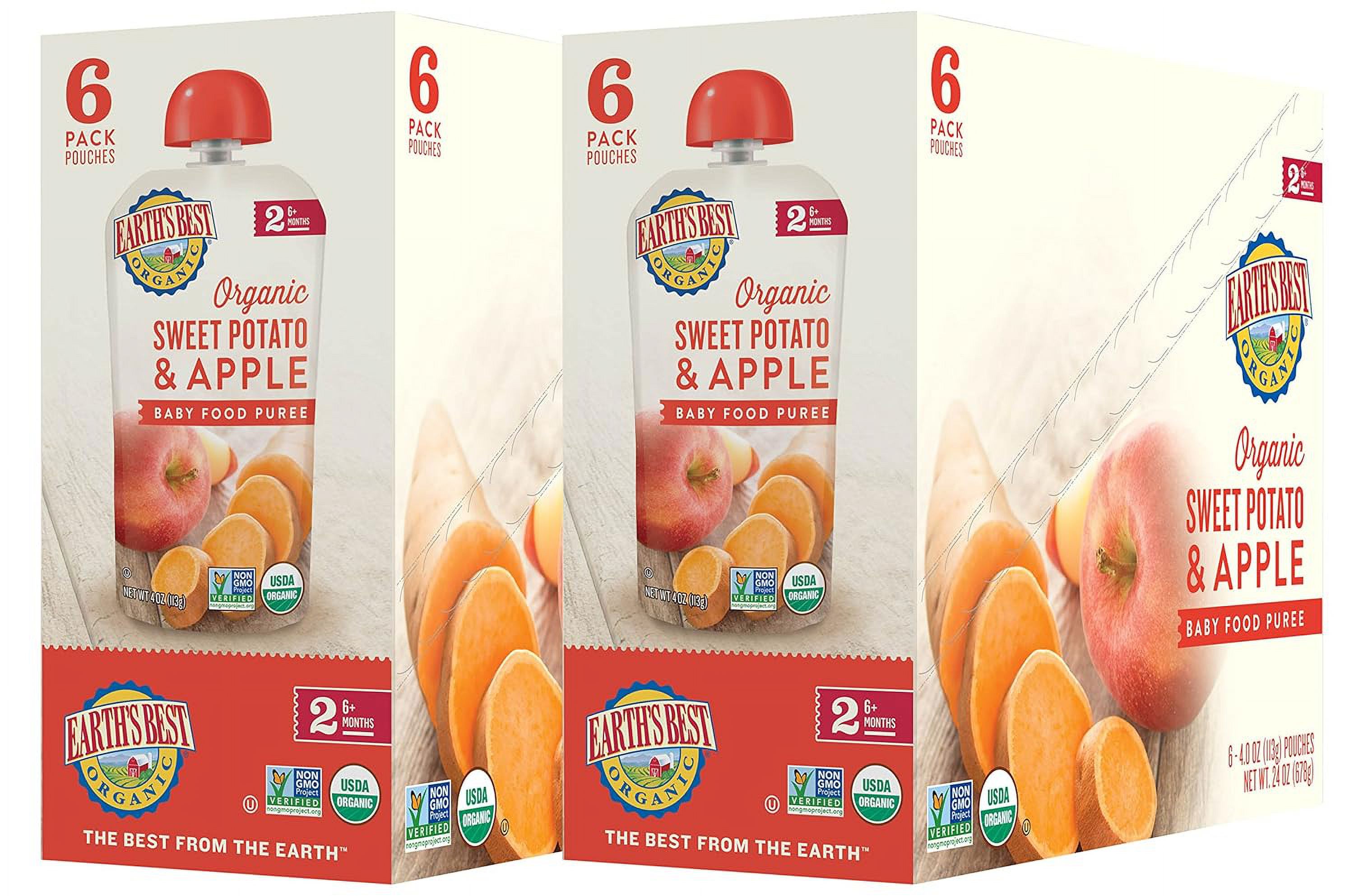 Earth's Best Organic Stage 2 Baby Food, Sweet Potato & Apple, 4 oz Pouches (12 Pack)