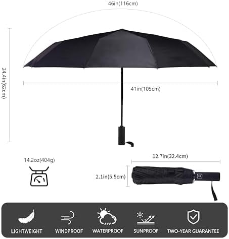 46 Inch Compact Umbrellas for Rain - Travel Small Umbrella - Automatic Folding Umbrella - Windproof Portable Umbrella, Double 10-rib (2 pack)black+grey