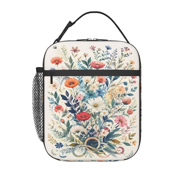 Pastel Wildflower Bouquet Lunch Bag Reusable Thermal Lunch Tote with Handle for Women and Men