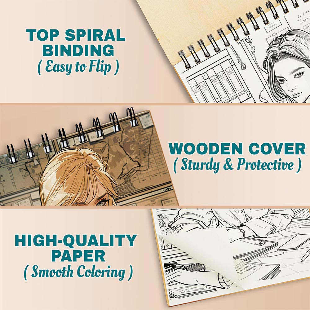 Netecom Beauty Secretary Coloring Book for Adults, A5 Wooden Cover, 30 Enchanting Coloring Pages of Stylish Secretaries for Stress Relief and Relaxation, Spiral Bound Edition