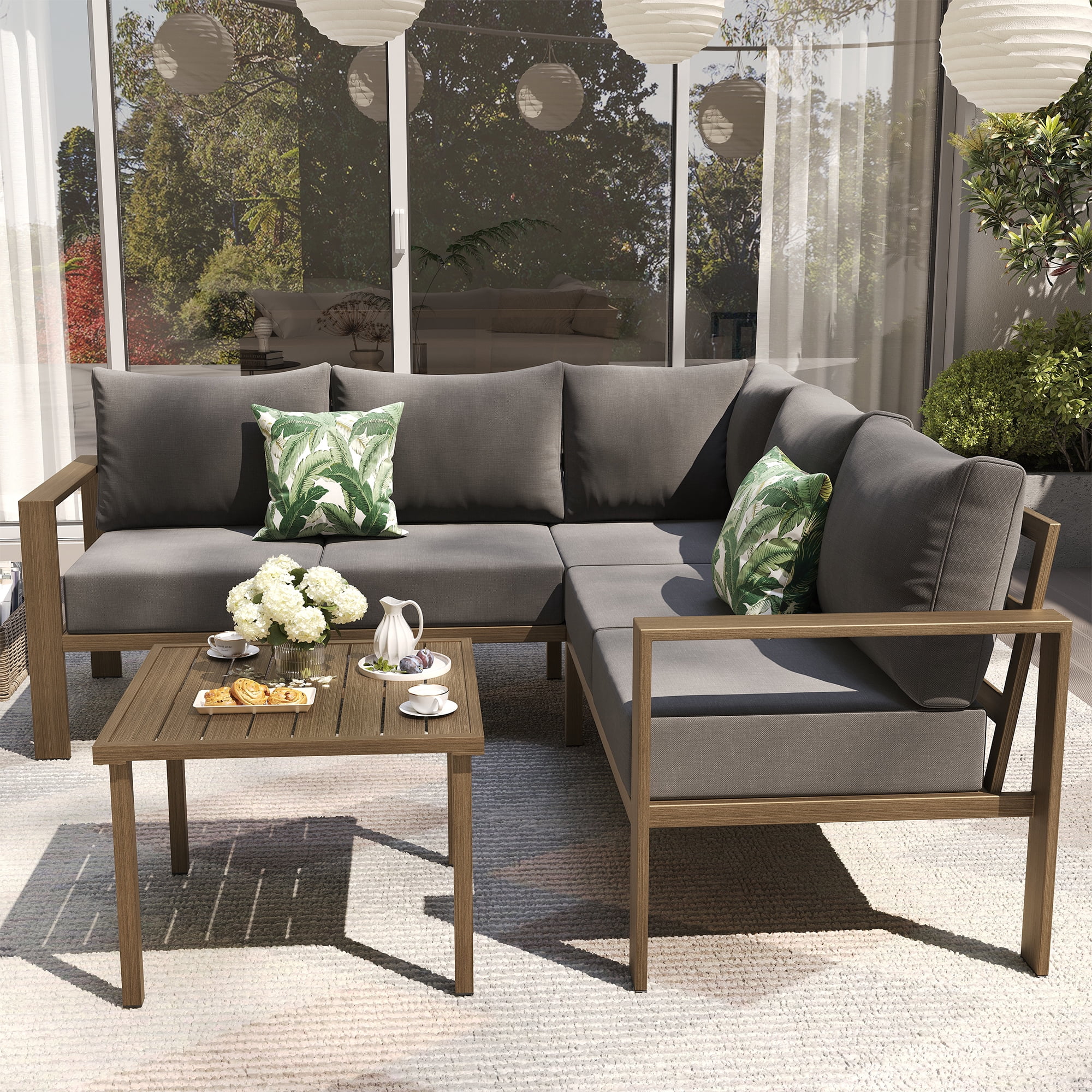 ELPOSUN 6 Pieces Patio Furniture Sets with 6" Thick Olefin Cushions, Faux Wood Metal Outdoor Sectional Furniture L Shape Patio Conversation Sets for Garden, Backyard Gray