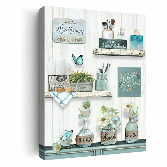 LAMIRO Farmhouse Bathroom Decor Wall Art Rustic Flower and Butterfly Bathroom Pictures Canvas Print Teal Country Bathroom Wall Decor Soak Relax Unwind Bathroom Wall Art Framed Ready to Hang 12"X16"