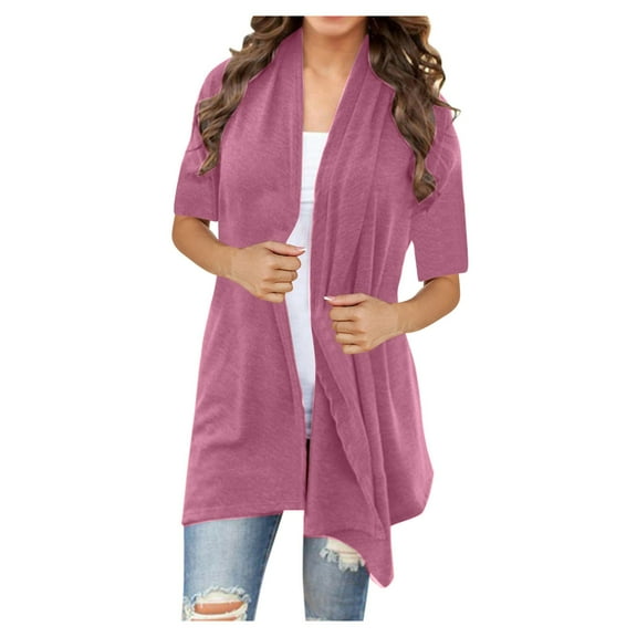 ShomPort Womens Summer Short Sleeve Lightweight Cardigans Long Sleeve Solid Color Open Front Tops Casual Loose