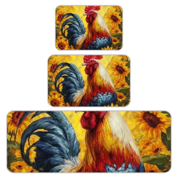 RKSupls Kitchen Rug Set 3 Piece Anti-Slip Flannel Floor Mats, Rooster Sunflowers Washable Absorbent Runner Mats for Kitchen Bathroom Home Decor