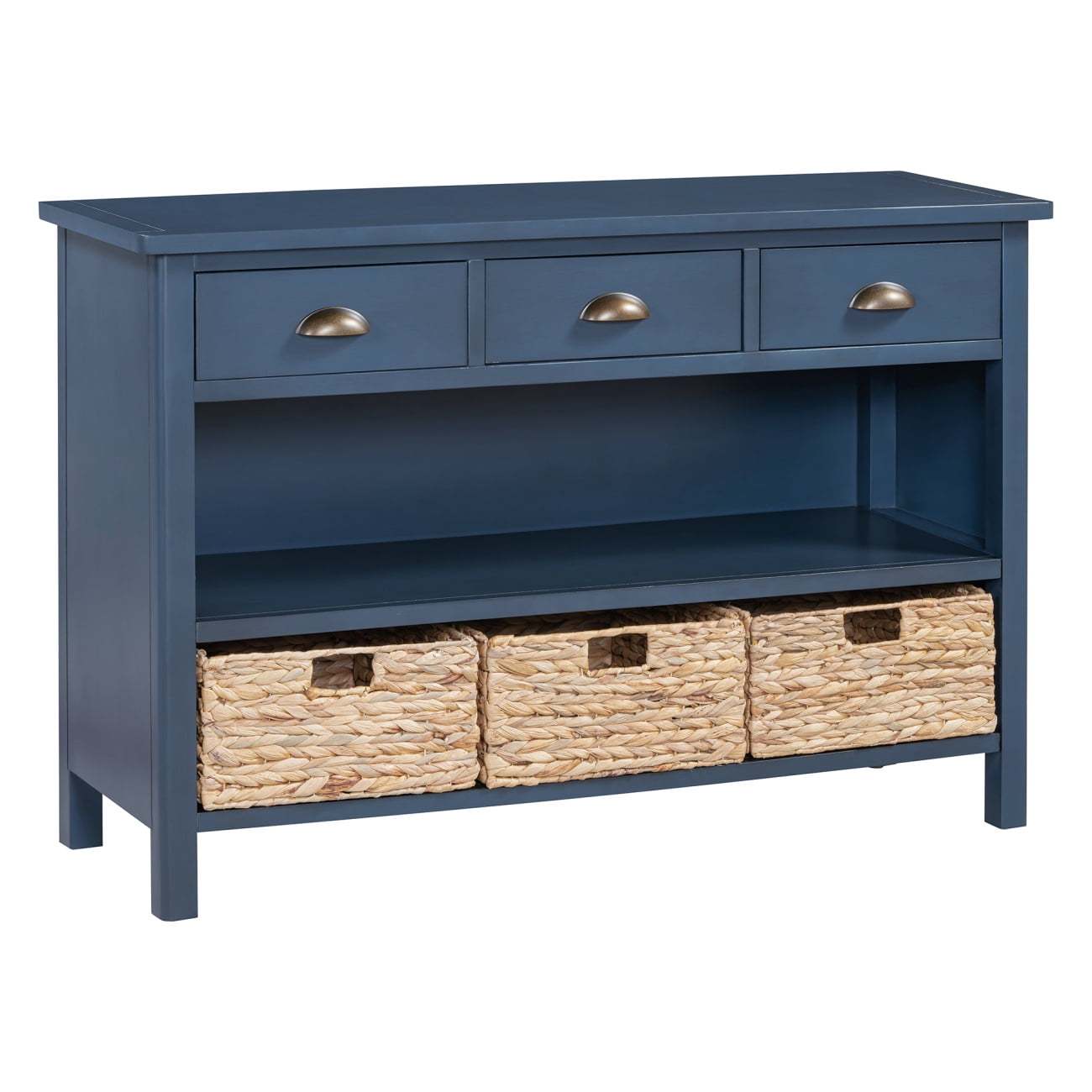 47" Retro Console Table with 3 Storage Drawers, Entryway Table with 3 Water Hyacinth Woven Baskets and Shelf, Wooden Buffet Cabinet for Entryway Hallway Living Room, Navy