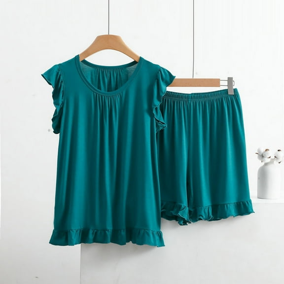 LLYWEY Women’s Plus Size Pajamas Sets - Summer Ruffle Sleeveless Tank Tops with Shorts 2 Piece Outfits Solid Color Casual Loose Soft Pjs Sets New-17 Green-a 3XL