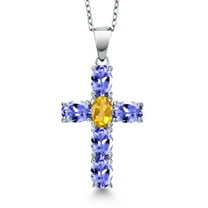 Gem Stone King 925 Sterling Silver Blue Tanzanite and Yellow Citrine Cross Pendant Necklace for Women | 2.70 Cttw | Gemstone December Birthstone | Oval 6X4MM | With 18 inch Chain