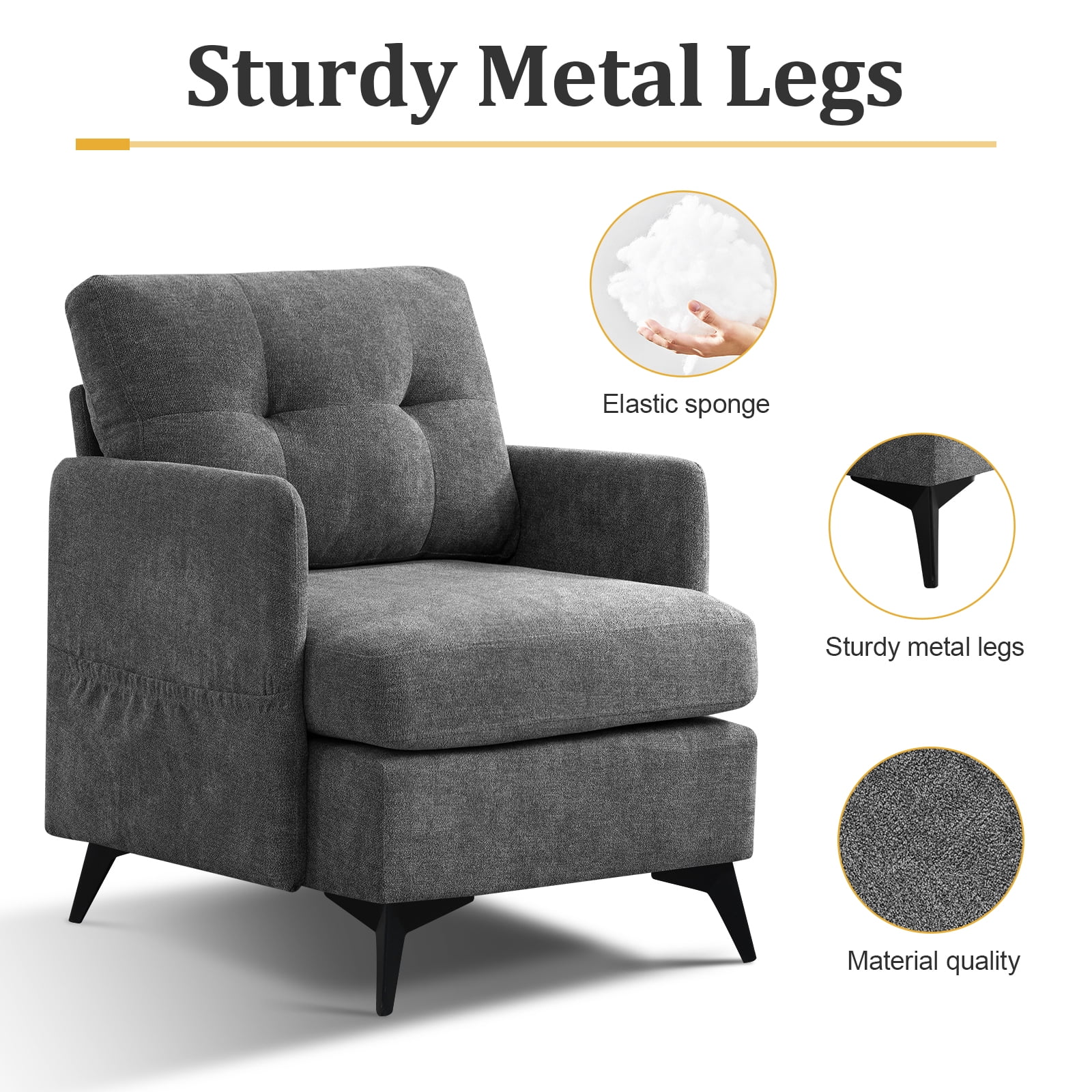 MBBMW Modern Upholstered Accent Chair Armchair, Linen Living Room Chair, Single Sofa with Side Pocket and High Resilience Seating , Gray