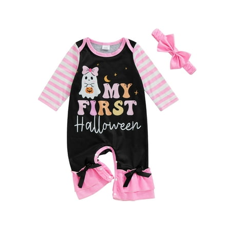 

ESASSALYY Baby Girls Halloween Outfits Long Sleeve Ghost Jumpsuit with Headband