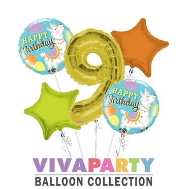 Happy Birthday Llama Round Balloon Bouquet 5 pc, 9th Birthday, Gold Number 9 Jumbo Balloon | Viva Party Balloon Collection