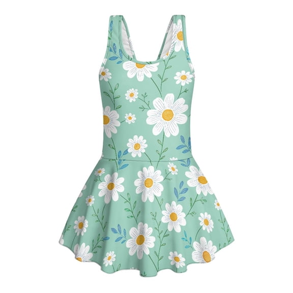 COEQINE Girls One Piece Swimsuit with Skirt Sleeveless Cute Skirted Bathing Suit Hawaiian Swimwear for Kids 3-4 Years, Summer Swim Dress for Water Play, Daisy Floral Green