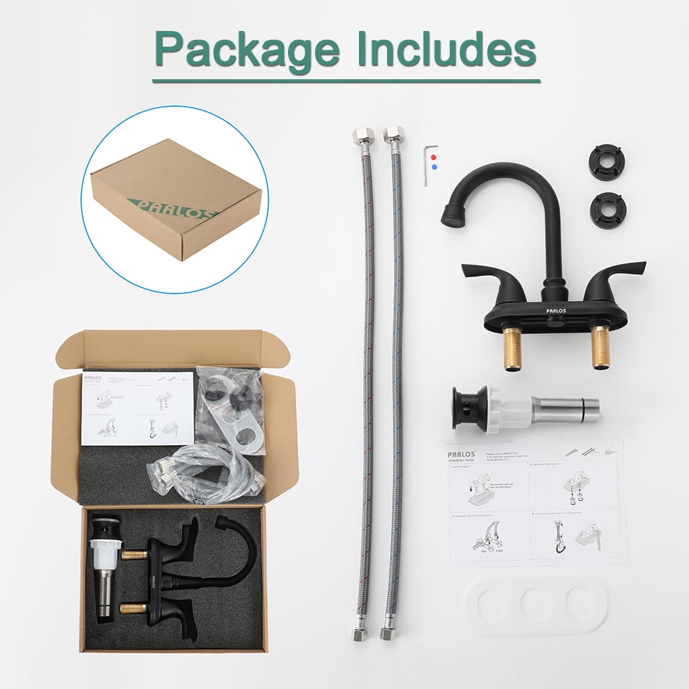 PARLOS Two-Handle Bathroom Sink Faucet with Metal Drain Assembly and Supply Hose, Matte Black