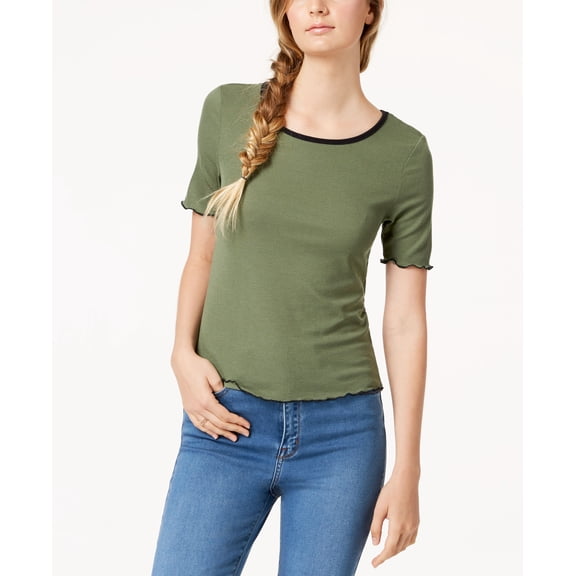 Almost Famous Juniors Colorblocked Lettuce Edge T-Shirt Olive XS