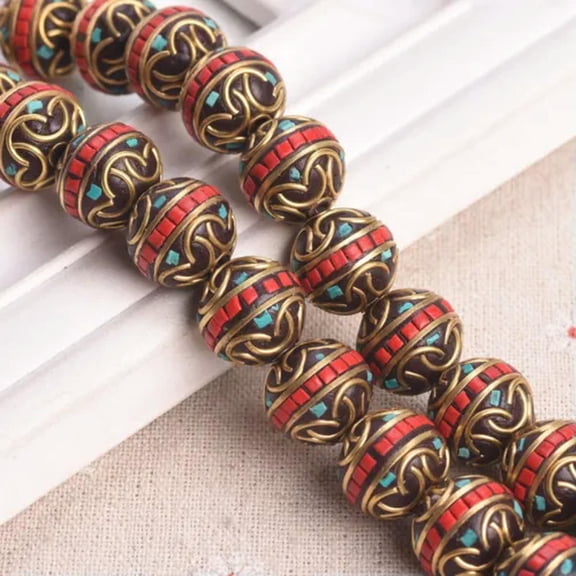 U8MO 2pcs Round 15mm-17mm Handmade Nepalese Tibetan Buddhist Brass Metal Loose Beads-A# 15mm
