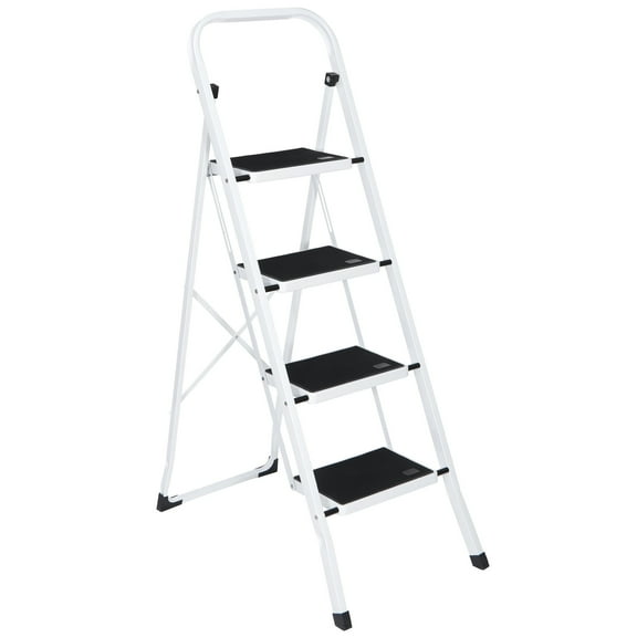 ZenSports 300lbs Folding 4-Step Steel Ladder Portable Step Stool W/Anti-Slip Wide Pedal, White