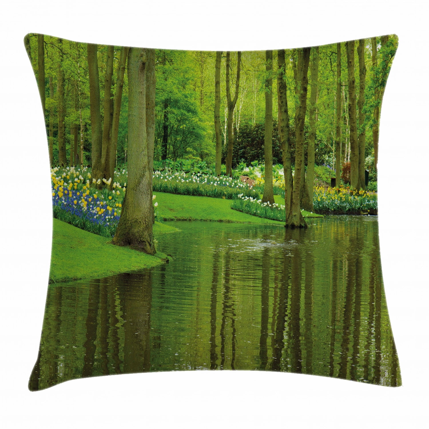 Nature Throw Pillow Cushion Cover, Forest with Lake Dutch Garden Pastoral Woodland Botany