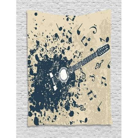 Modern Tapestries Collection Modern Tapestry, Acoustic Guitar on Retro Murky Background with Music Notes Melody Illustration, Wall Hanging for Bedroom Living Room Dorm Decor, Beige Dark Blue, by Ambesonne ()