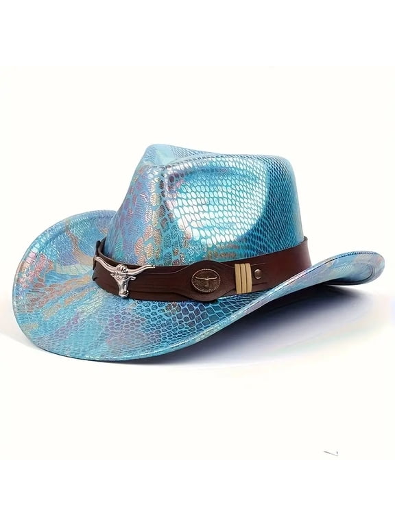 Polyester Iridescent Snake Print Western Cowboy Hat for Men Women, Wide Brim with BullHead Decor, M 5658cm for Party Festival