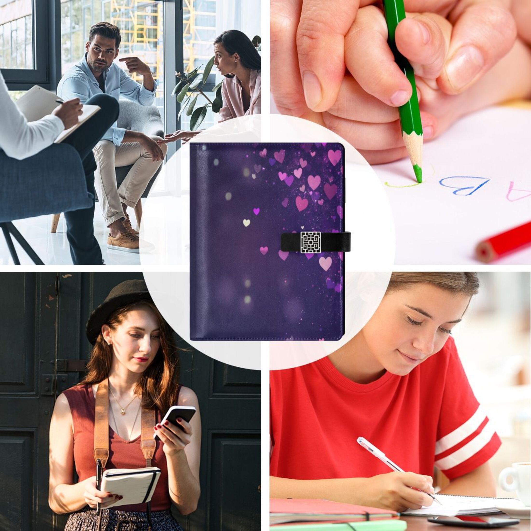 Leather Planner Leather Notebook Notebook Journal Binder Design Pen Pocket Design Convenient for Storage Pretty Purple Heart Pattern