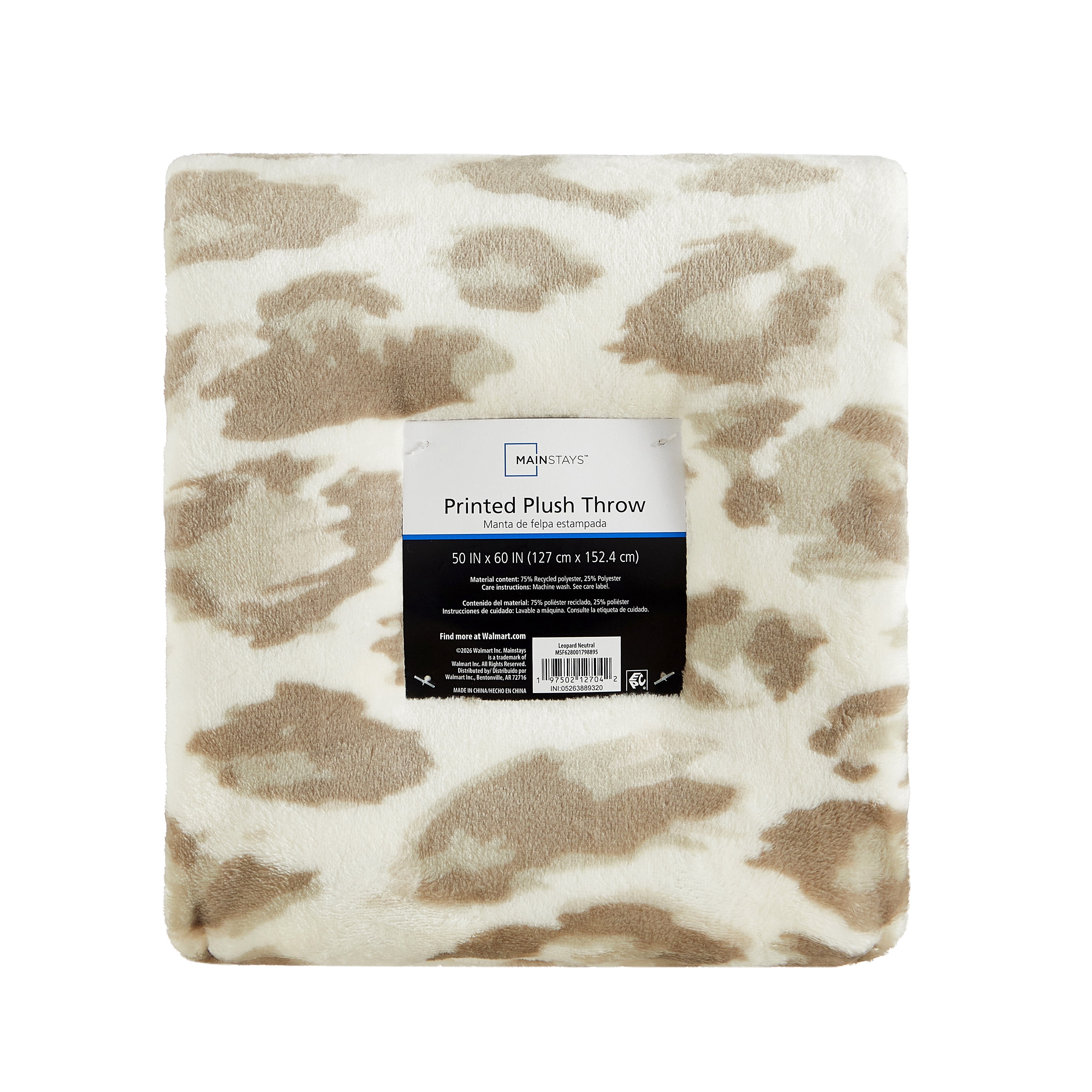 Mainstays Printed Plush Throw Blanket, Neutral Leopard, 50 x 60 in