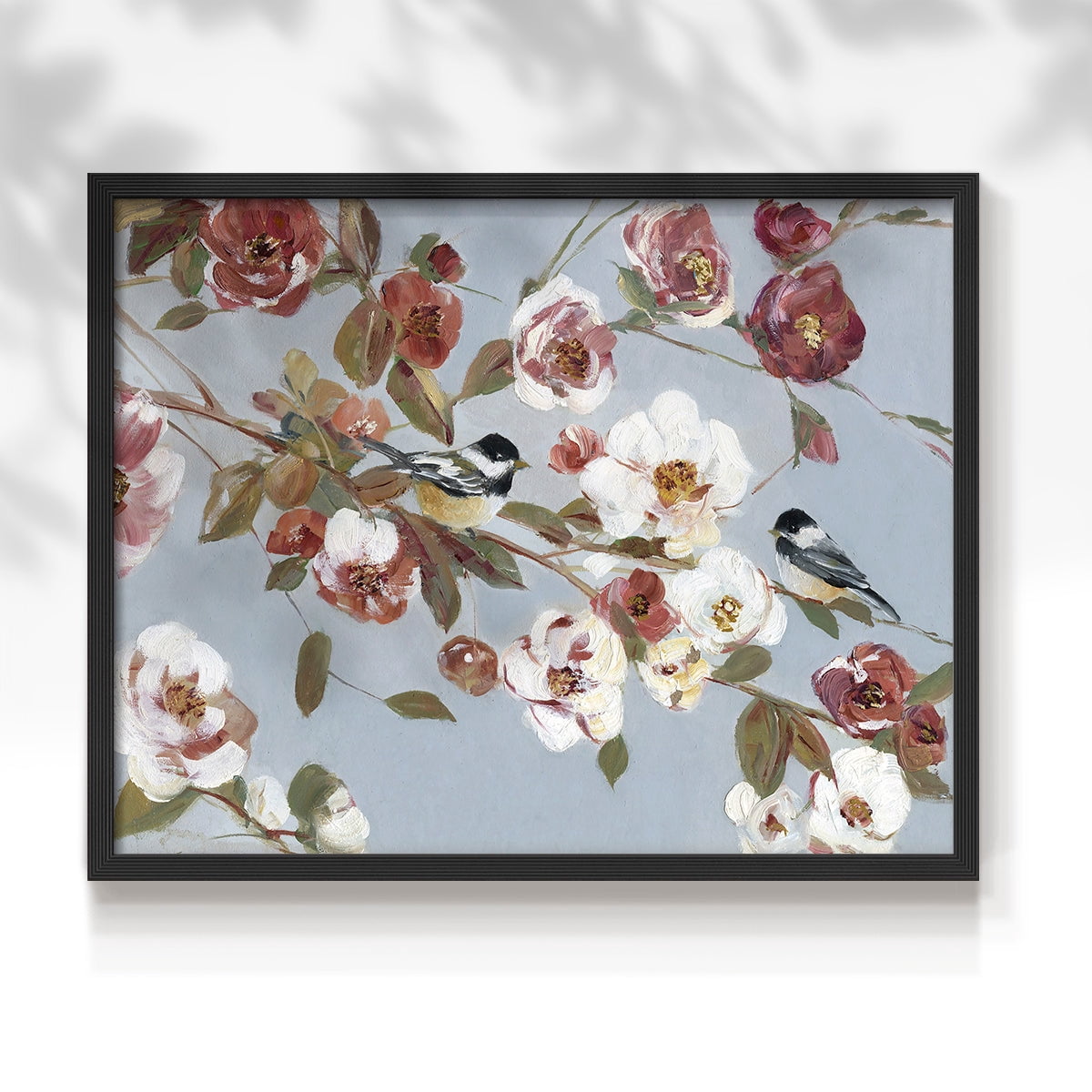 Chickadees and Blossoms II by Sally Swatland - Restickable Framed Giclée Print