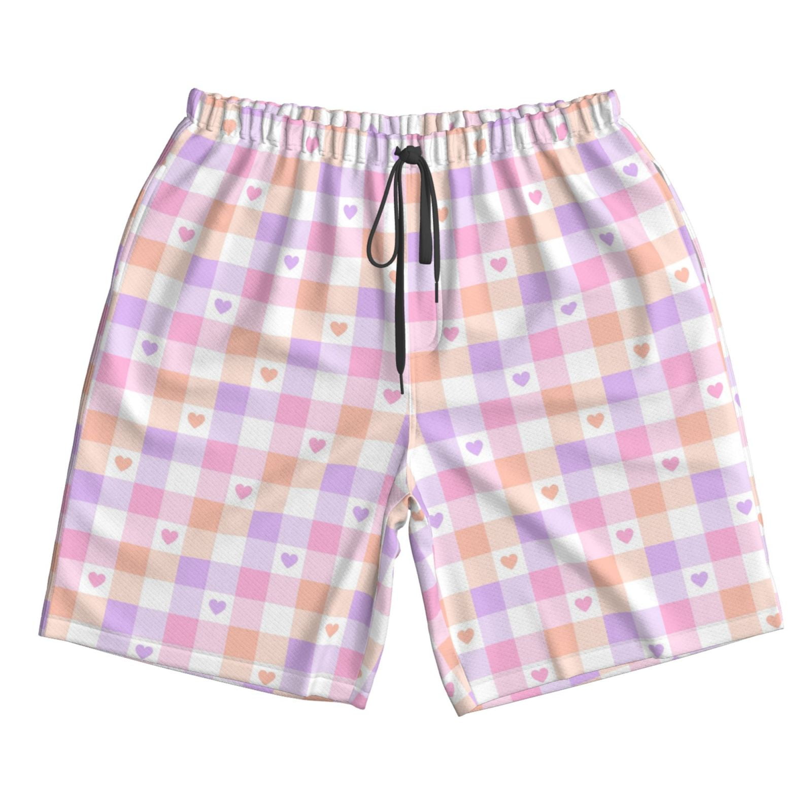 Naloa Heart Buffalo Plaid Men's Beach Shorts, Surfing shorts, Swim trunks, Quick Dry Swim Trunks for Surfing Beach Fun - X-Large