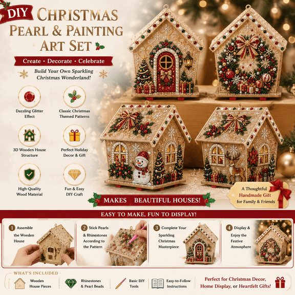 3D Christmas House DIY Pearl Art Kit, Wooden Pearl Art Set DIY Holiday Ornaments, Handmade Xmas Tree Decorations Home Crafts Gifts Christmas Decor-B