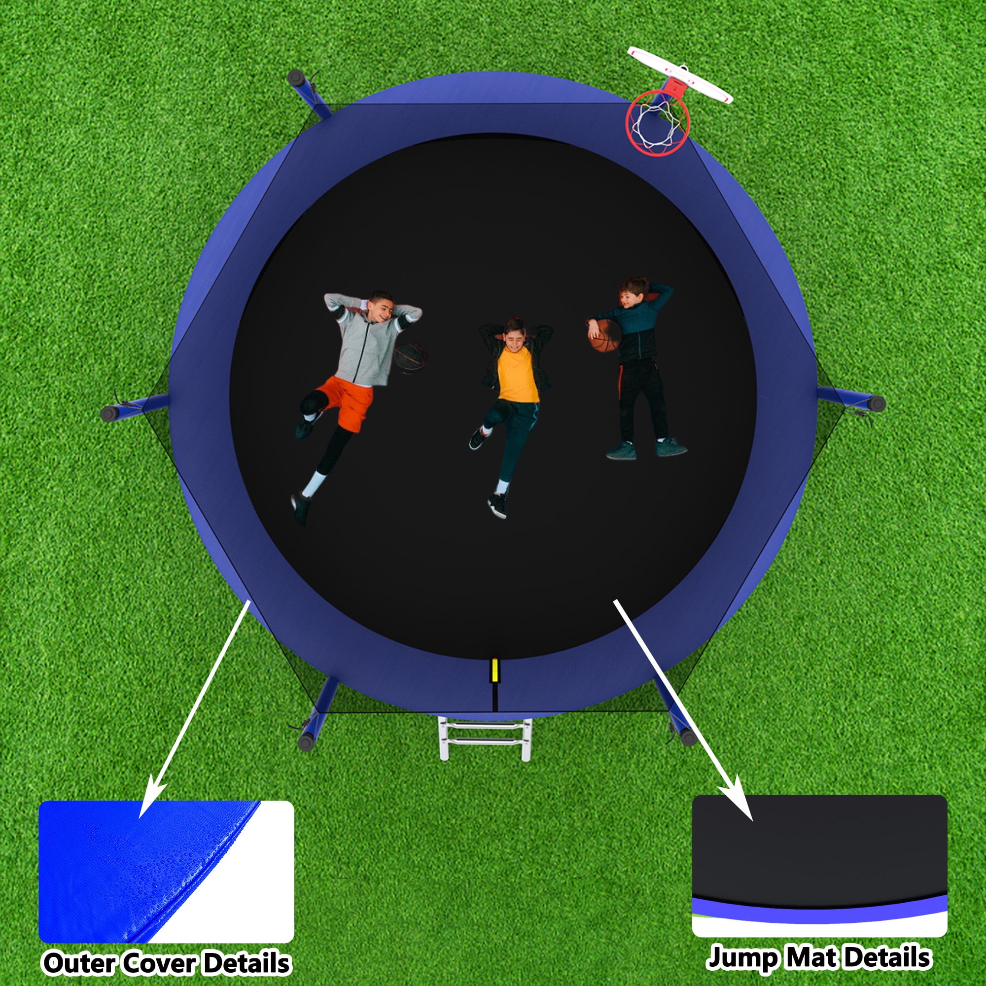 Yoneston 10FT Outdoor Trampoline with Basketball Hoop, 240LBS Round Trampoline with Ladder and Safety Enclosure for Kids and Adults in Backyard Garden, Blue