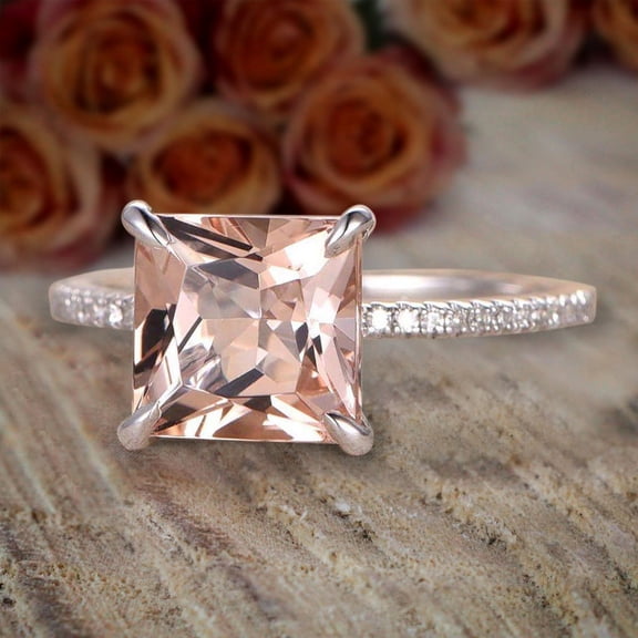 1.75 Carat Peach Pink Morganite (6mm Princess Cut Morganite) Diamond Moissanite Engagement Ring with 18k Gold Plating