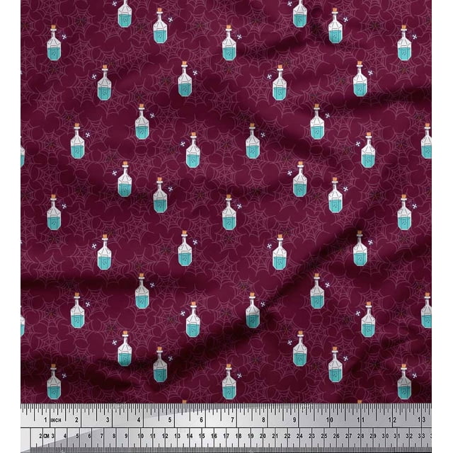 Soimoi Purple Poly Georgette Fabric Spider,Web & Vintage Bottle Print Sewing Fabric Yard 52 Inch Wide