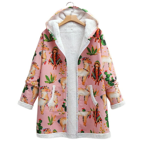 AOOCHASLIY Women Winter Coat Women's Casual Temperament Cotton and Linen Printed Hoodie Warm Plush Pocket Zipper Top