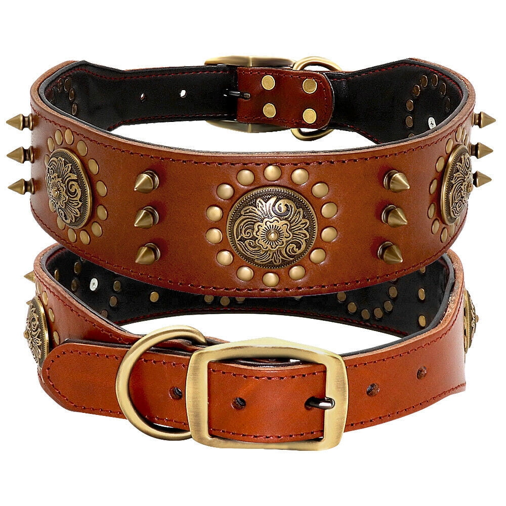 Didog Genuine Leather Spiked Studded Medium Large Dog Collar- Heavy Duty Pet Collars Wide Adjustable Rivet Neck Strap Pitbull Mastiff(Brown,L)